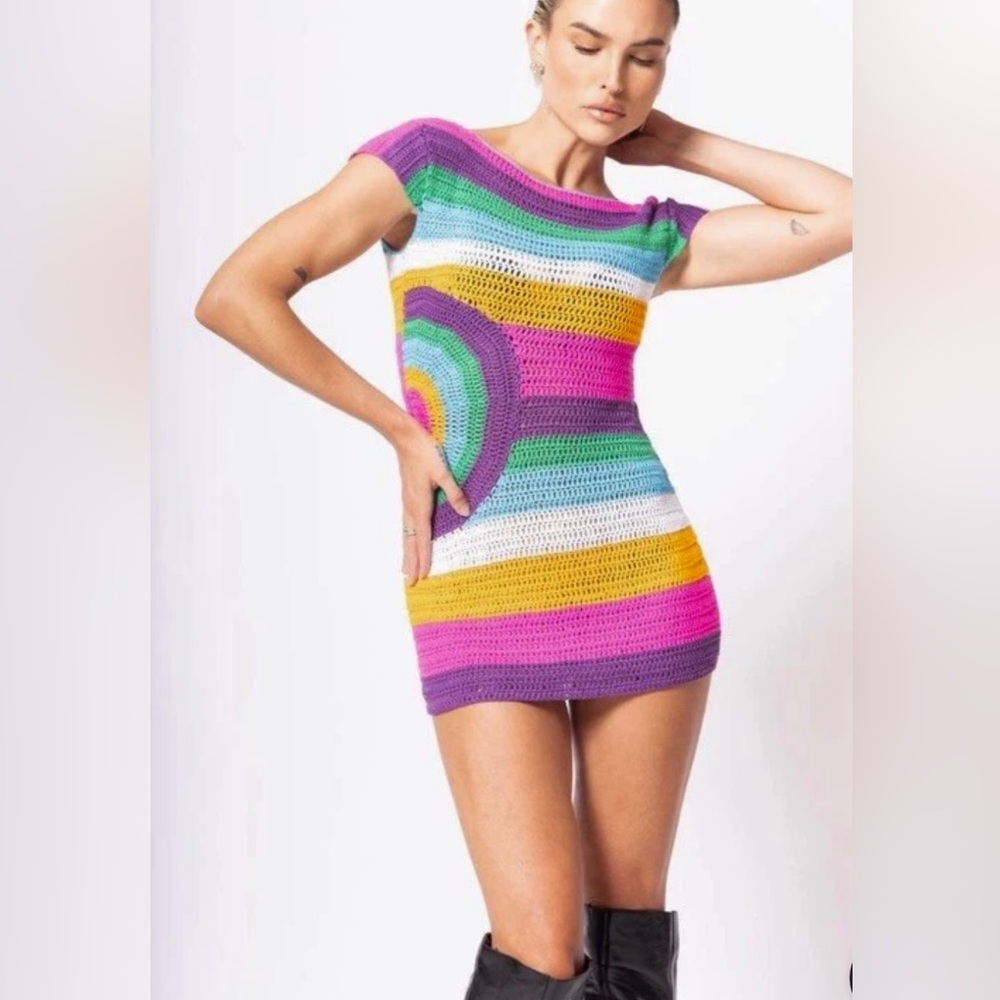 Rainbow Striped Crochet Low Back Mini Dress
